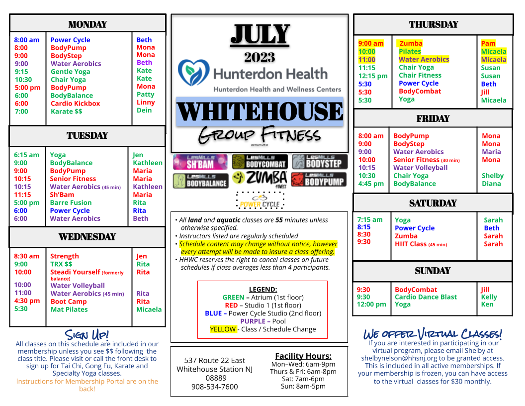 Group Fitness Schedule | Hunterdon